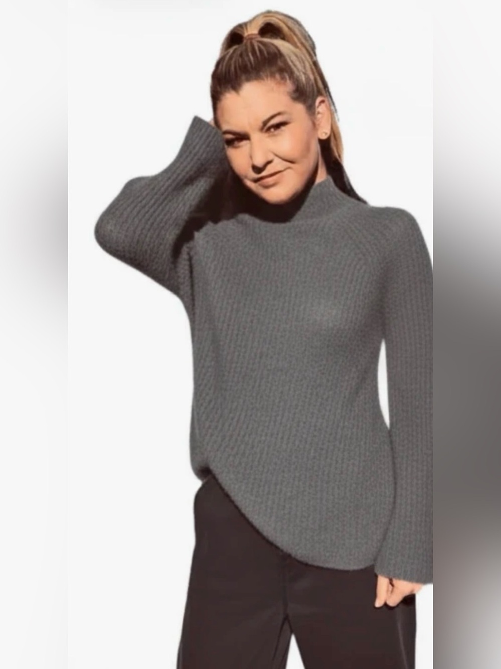 360 cashmere gray knit sweater top mock neck preppy academia professional
